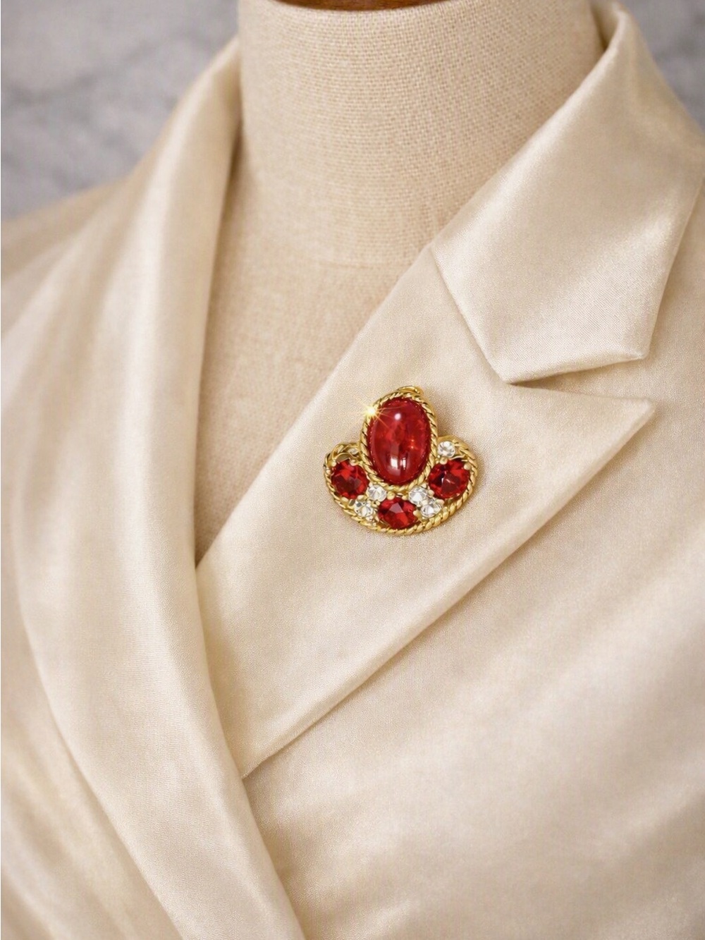 1940s Signed Eisenberg Ruby Jelly Belly Scatter Pin • Red Cabochon & Rhinestone